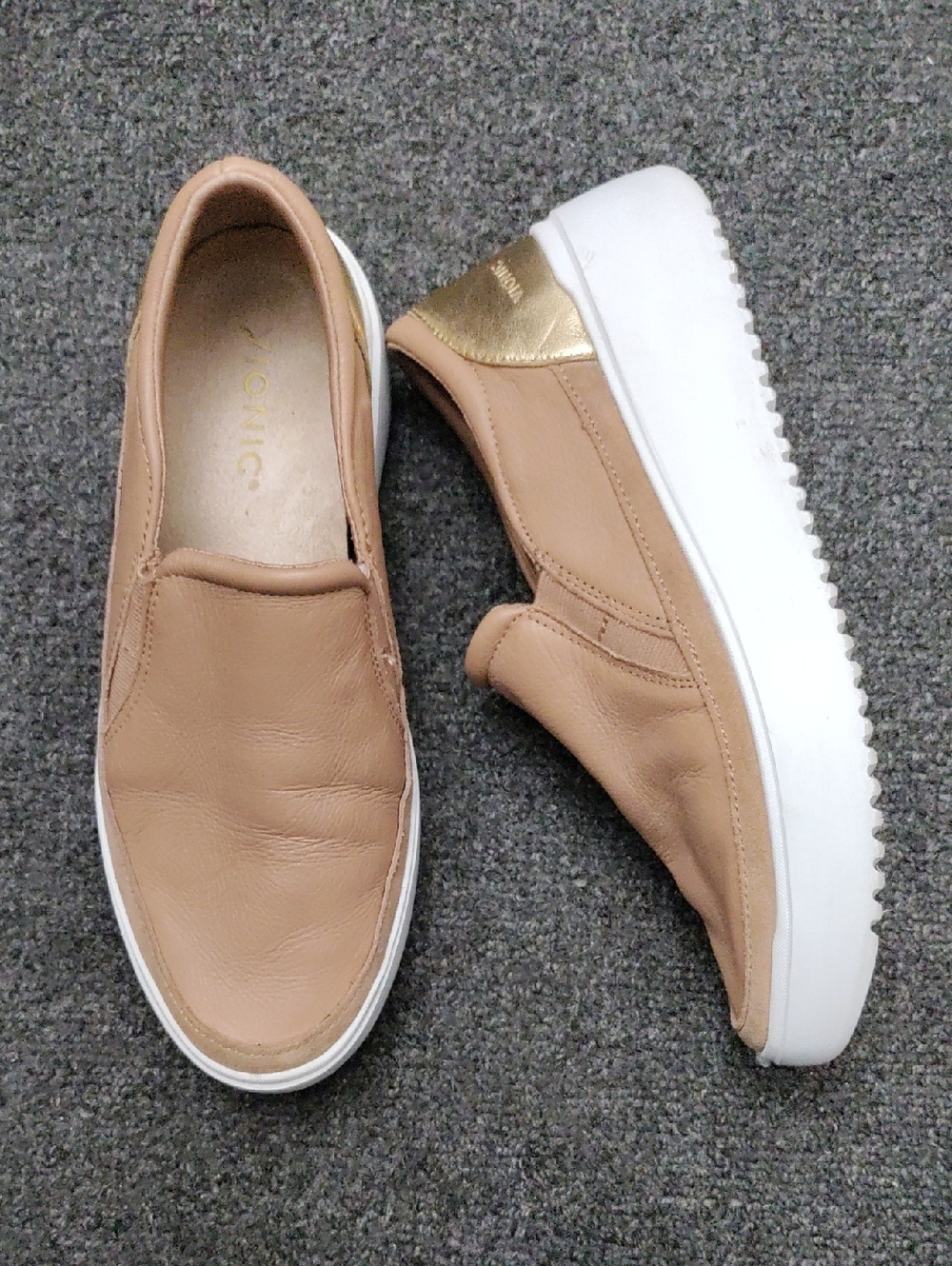 Vionic "Kearny" Tan Slip-On Leather Loafers with Gold Heel Tab